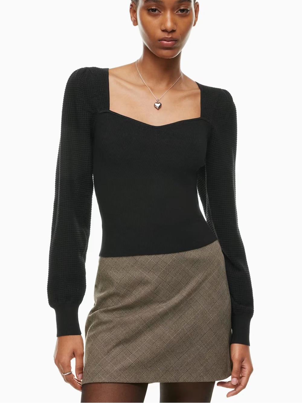Aritzia Wilfred Chance Sweetheart Puff Sleeve Perforated Knit Sweater Black